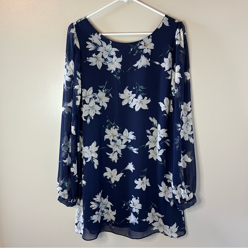 LuLus Womens Navy Floral Mini Dress Sheer Sleeves Flowy Lillies Size Med…